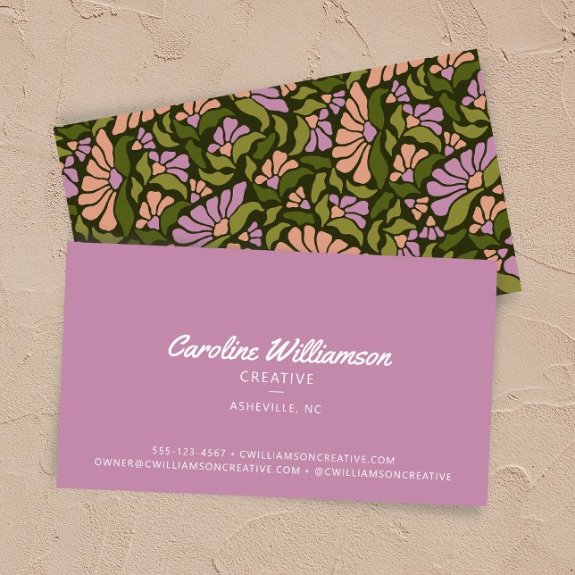 Tarjeta De Visita Groovy Retro Boho Morado Verde Botánico de Moda (Subido por el creador)