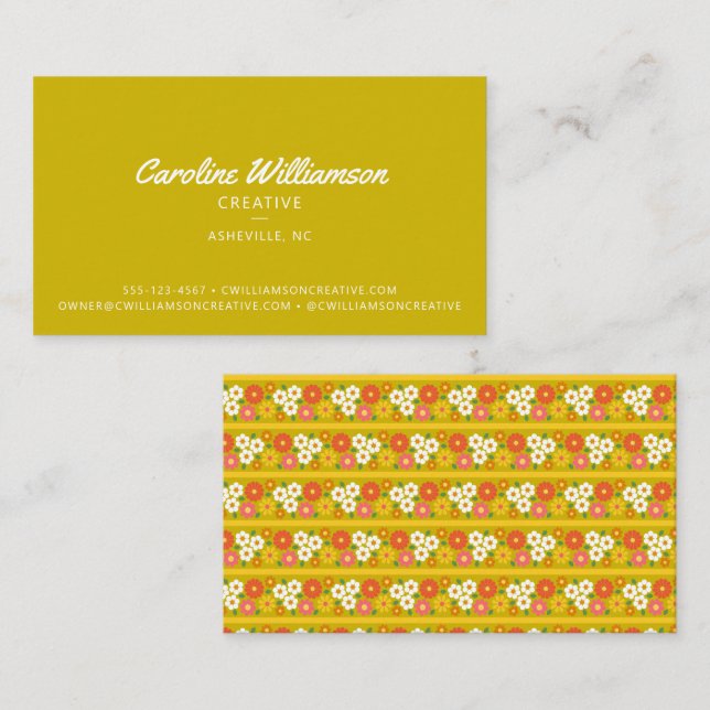 Tarjeta De Visita Groovy Retro Boho Verde Chartreuse Floral  (Anverso / Reverso)