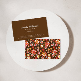 Tarjeta De Visita Groovy Retro Brown Naranja Flores Botánicas de mod