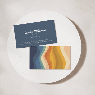 Tarjeta De Visita Groovy Retro Líneas Onduladas Amarillas Azules Mod