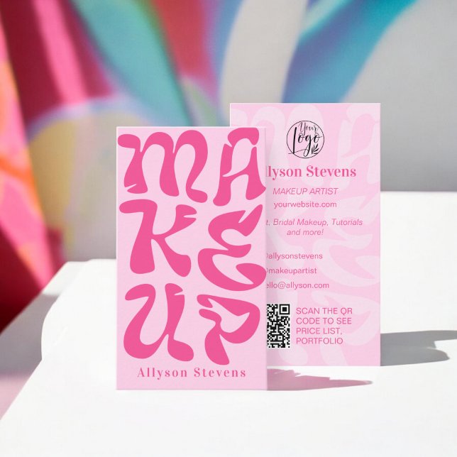 Tarjeta De Visita Groovy retro logo rosa qr código Maquillaje (Groovy retro pink logo qr code Makeup Business Card)