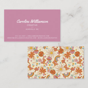 Tarjeta De Visita Groovy Retro Morado Flores de Paz Tendencia
