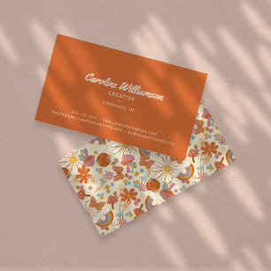 Tarjeta De Visita Groovy Retro Naranja Hippie Paz Flores Moderno