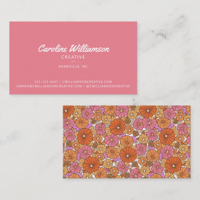 Tarjeta De Visita Groovy Retro Naranja Rosa Flores Botánicas De Moda (Anverso / Reverso)