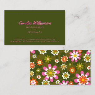 Tarjeta De Visita Groovy Retro Rosa y Verde Botánico de Moda