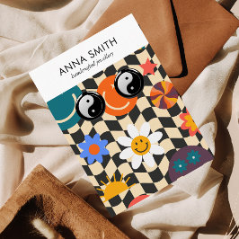 Tarjeta De Visita Groovy Trippy Emoji de patrón retro Pantalla de ma