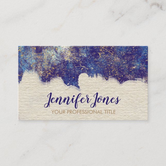 Tarjeta De Visita Grunge azul marino de la acuarela y del oro (Anverso)
