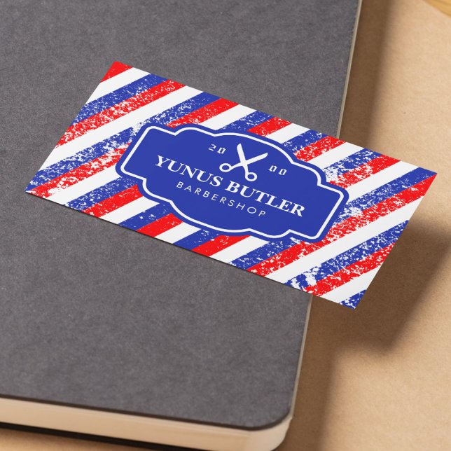 Tarjeta De Visita Grunge Blue & Red Stripes Scissor Barbershop (Subido por el creador)