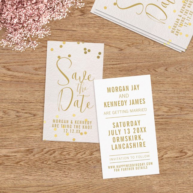 Tarjeta De Visita Guardar La Fecha Rubor Pink Gold Confetti 100 Tarj (A cost effective business card sized pretty blush pink Save the Date with space for your details)