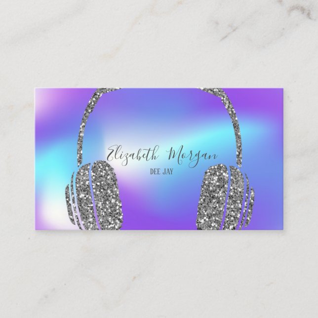 Tarjeta De Visita Guay Holographic Silver Purpurina Headphone DJ (Anverso)