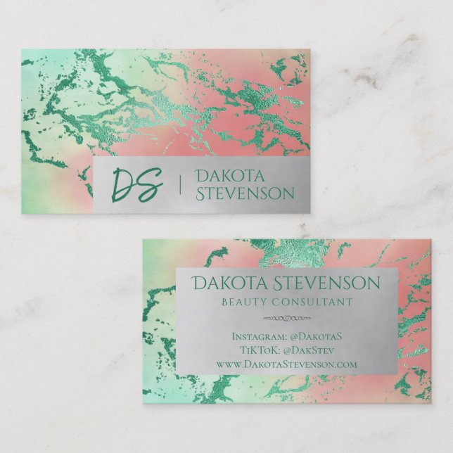 Tarjeta De Visita Guay Marble | Monograma rosa azul púrpura Pastel (Anverso / Reverso)