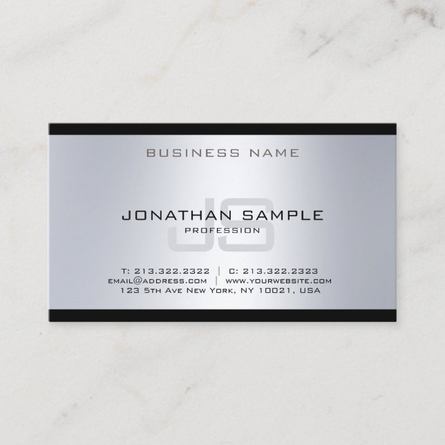 Tarjeta De Visita Guay Monograma Plata Plata Moderno Lujo Elegante (Anverso)