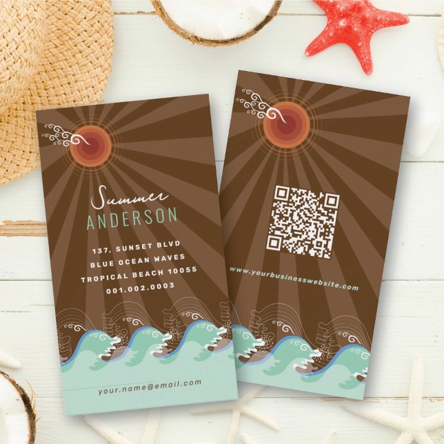 Tarjeta De Visita Guay Waves Tropical Summer Sun Brown Stripes Beach (Cool Aqua Waves Tropical Summer Sun Brown Stripes Beach Business Card @ fat_fa_tin)