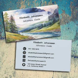 Tarjeta De Visita Guía de aventuras Blue Watercolor Forest Mountain