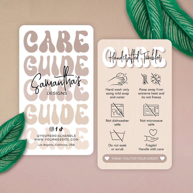 Tarjeta De Visita Guía de Instrucciones de Cuidado de Tumbler Trendy (Modern beige tumbler care instructions cards in retro style with care icons and your brand info)