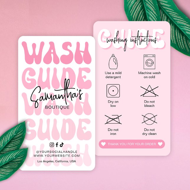 Tarjeta De Visita Guía de Lavado Retro Rosa (Retro pink clothing washing instructions cards with icons, discover more icons in the design editor )