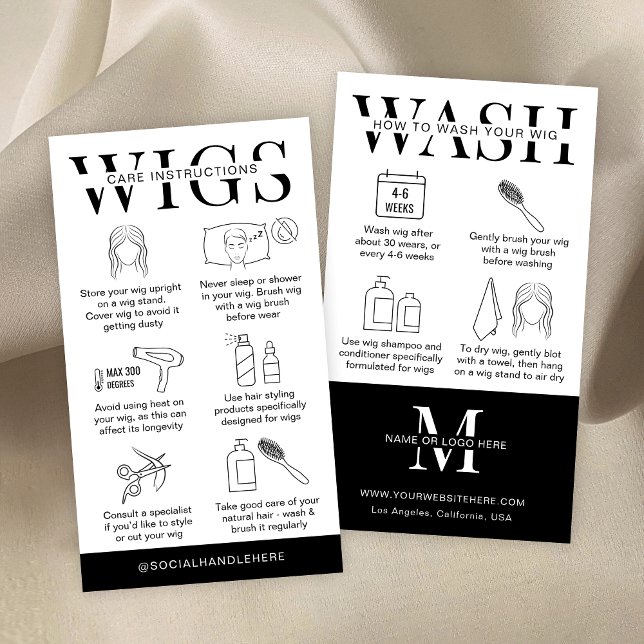 Tarjeta De Visita Guía de tratamiento de pelucas y lavado con logoti (Minimalist Wigs Care Instructions Cards with icons and space for your logo)