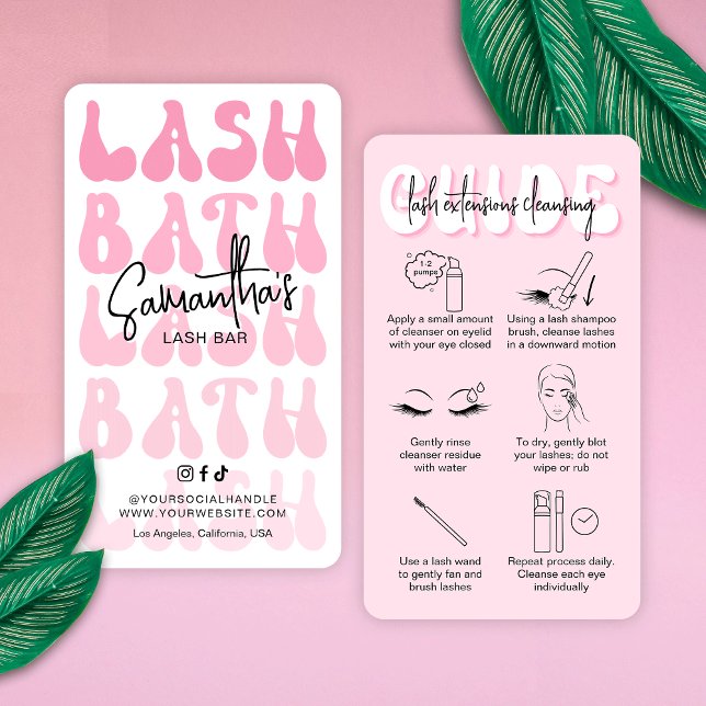 Tarjeta De Visita Guía Retro Pink Modern Lash Bath (Lash bath application instructions cards in blush pink with retro fonts)