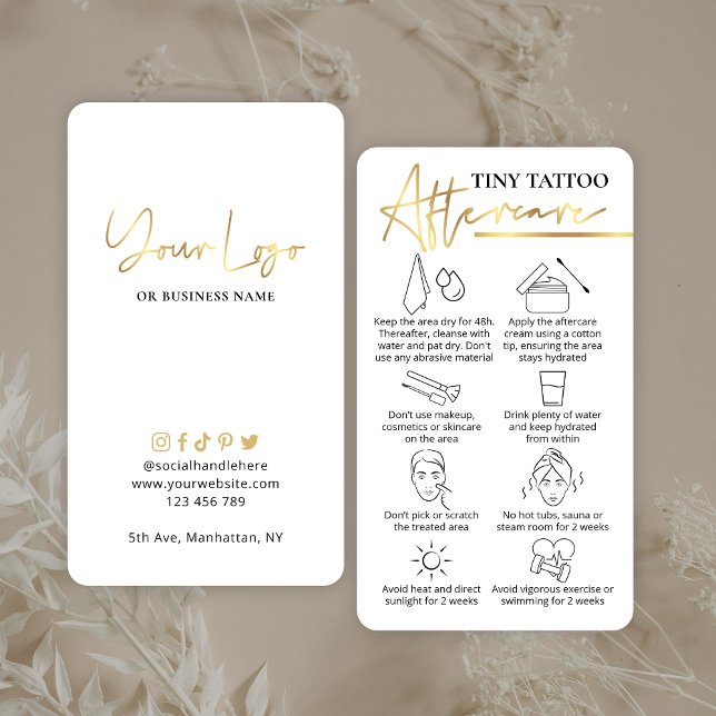 Tarjeta De Visita Guía Tattoo Tiny Aftercare Elegant Gold PMU (White and faux gold Tiny Tattoo aftercare cards with icons & space for your logo)