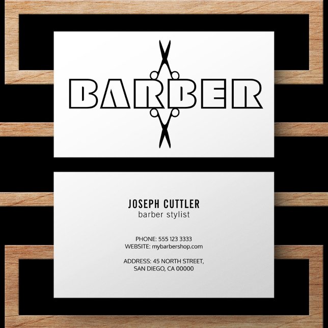 Tarjeta De Visita Guión barber tijeras modernas en blanco y negro (Subido por el creador)