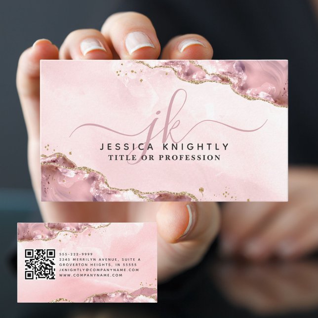 Tarjeta De Visita Guión de Agitación Rosa Monograma Purpurina de oro (Subido por el creador)