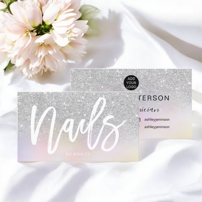 Tarjeta De Visita Guión de clavos moda purpurina plata holográfica (Nails script silver glitter chic holographic business card)