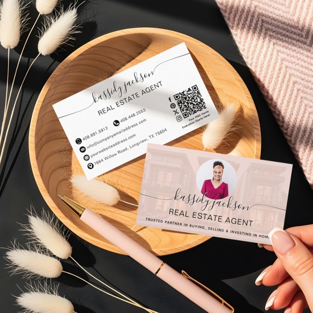 Tarjeta De Visita Guión de Código QR de Foto de Agente Inmobiliario  (Elegant Script Name Circle Business Photo QR Code Business Card)