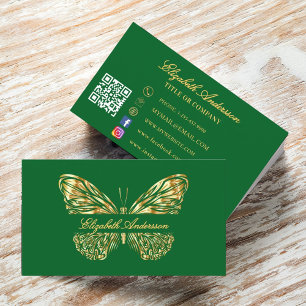 Tarjeta De Visita Guión de código QR de oro verde mariposa