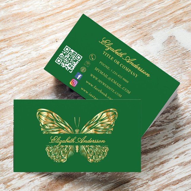 Tarjeta De Visita Guión de código QR de oro verde mariposa (Subido por el creador)