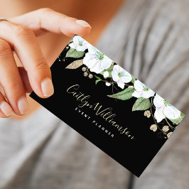 Tarjeta De Visita Guión de color de agua floral de oro negro elegant