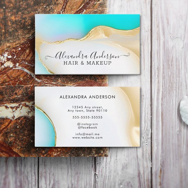 Tarjeta De Visita Guión de mármol de lujo azul blanco de oro Agate (Luxury Blue White Gold Agate Marble Script Business Card)