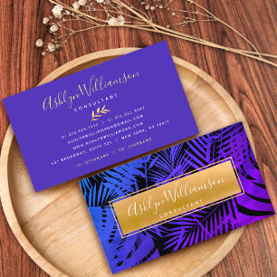Tarjeta De Visita Guión de moda dorada palma púrpura azul oscuro