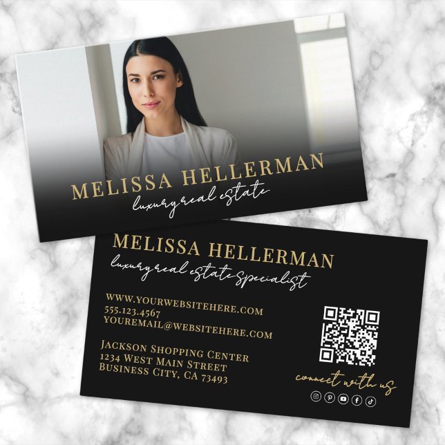 Tarjeta De Visita Guión de Oro Negro Inmobiliaria de Lujo (Black Gold Script Luxury Real Estate Business Card)