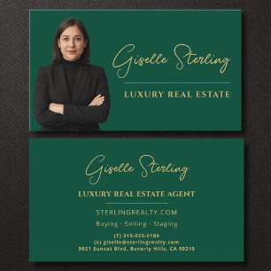 Tarjeta De Visita Guión de oro verde esmeralda inmobiliario de lujo