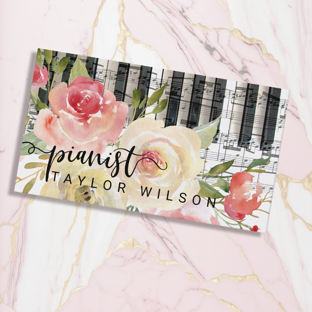 Tarjeta De Visita guión de pianista floral de acuarela (Subido por el creador)