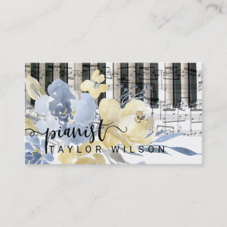 Tarjeta De Visita guión de pianista floral de color azul amarillo