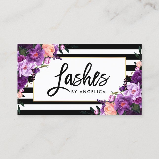 Tarjeta De Visita Guión de pincel Aletas moradas florales estriadas (Anverso)