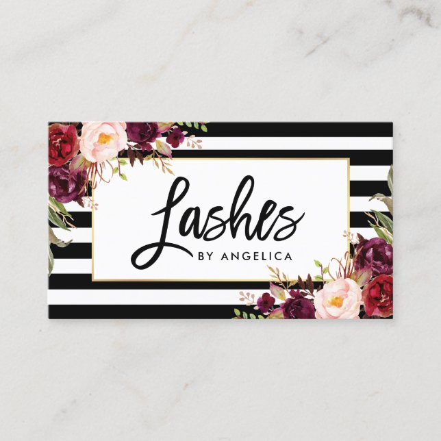 Tarjeta De Visita Guión de pincel Burgundy Floral Láganes a rayas (Anverso)