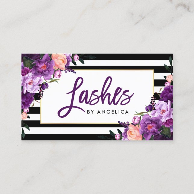 Tarjeta De Visita Guión de pincel Floral Purple Lashes Stried (Anverso)