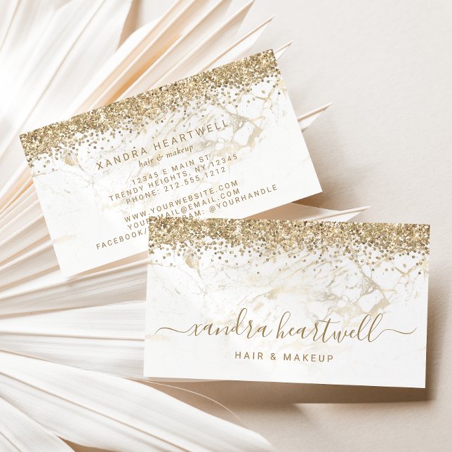 Tarjeta De Visita Guión del Purpurina Glam Gold White Marble (Subido por el creador)