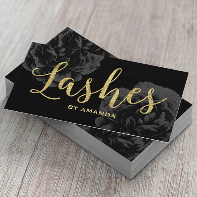 Tarjeta De Visita Guión dorado elegante floral negro (Subido por el creador)