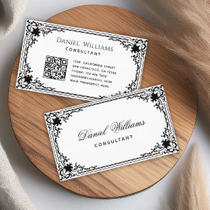 Tarjeta De Visita Guión elegante de código QR blanco y negro vintage