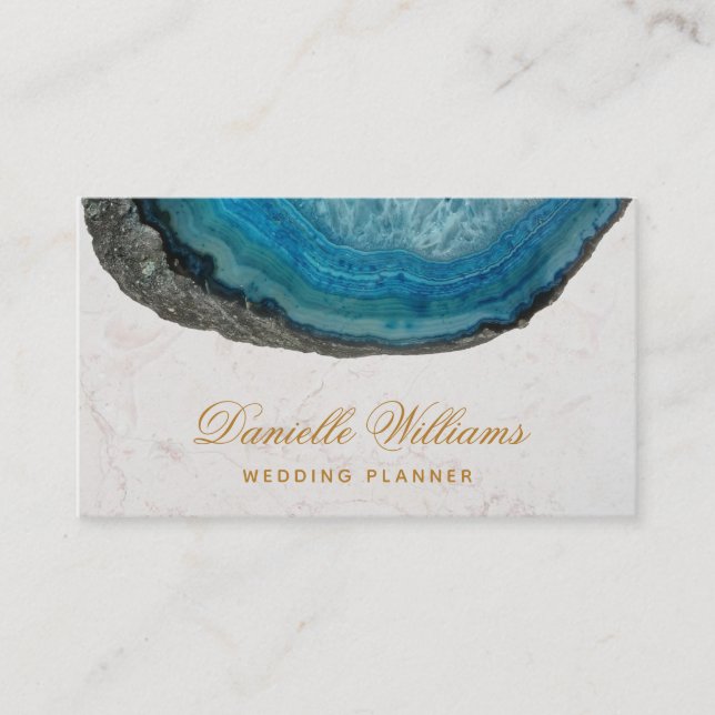 Tarjeta De Visita Guión elegante de geode azul agate de mármol blanc (Anverso)