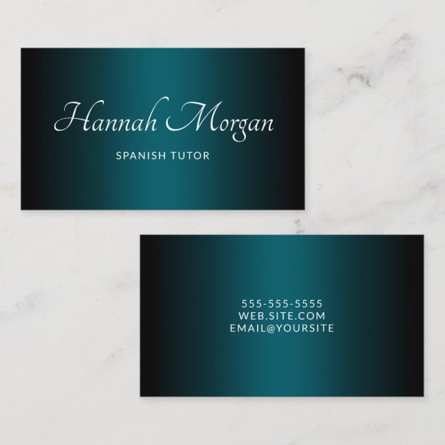 Tarjeta De Visita Guión elegante negro oscuro Verde azulado Ombre (Anverso / Reverso)