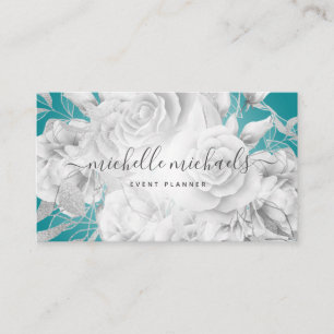 Tarjeta De Visita Guión floral simple Verde azulado y plateado moder