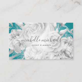 Tarjeta De Visita Guión floral simple Verde azulado y plateado moder