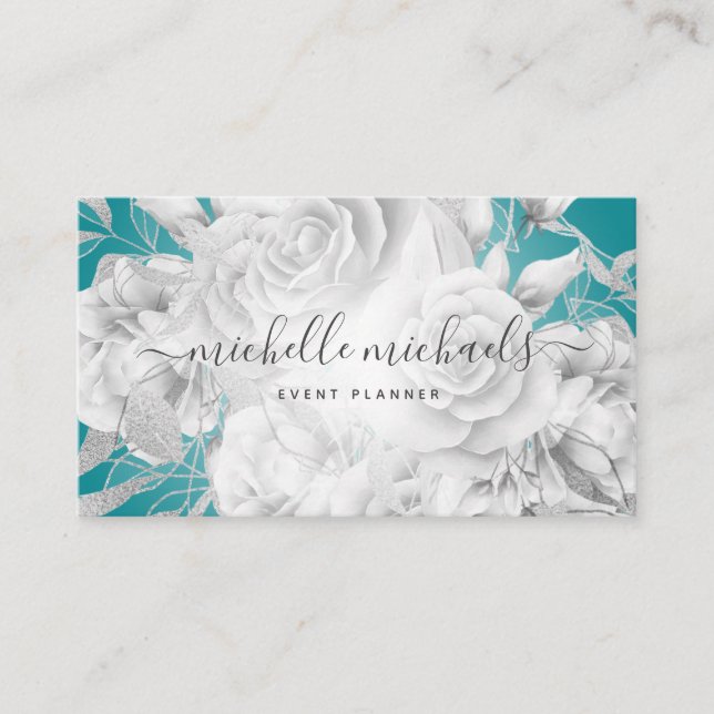 Tarjeta De Visita Guión floral simple Verde azulado y plateado moder (Anverso)