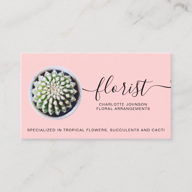 Tarjeta De Visita guión florista moderno cactus tropical foto rosa (Anverso)