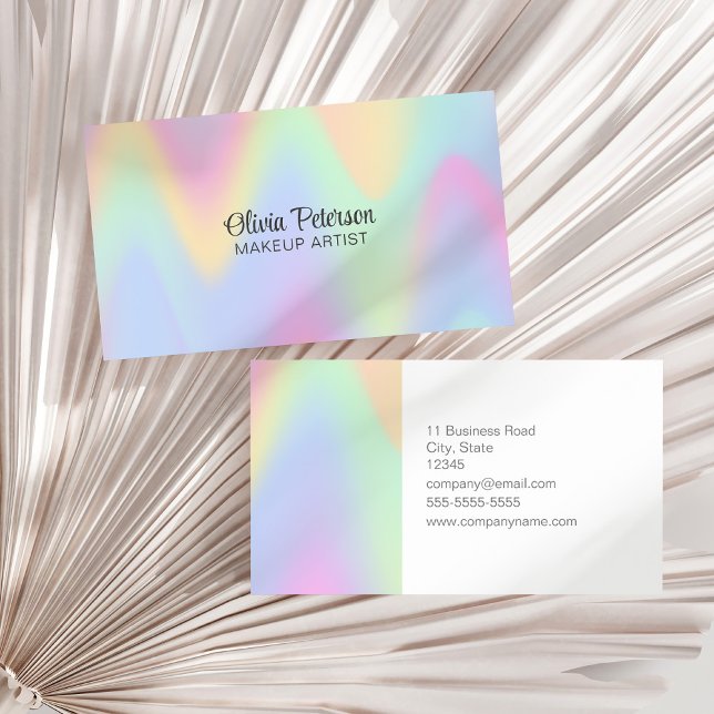 Tarjeta De Visita Guión holográfico moderno elegante (Modern Holographic Elegant Script Business Card on a white dry palm leaf.)