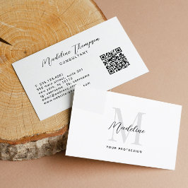 Tarjeta De Visita Guión mínimo Código QR de Monograma Blanco Negro